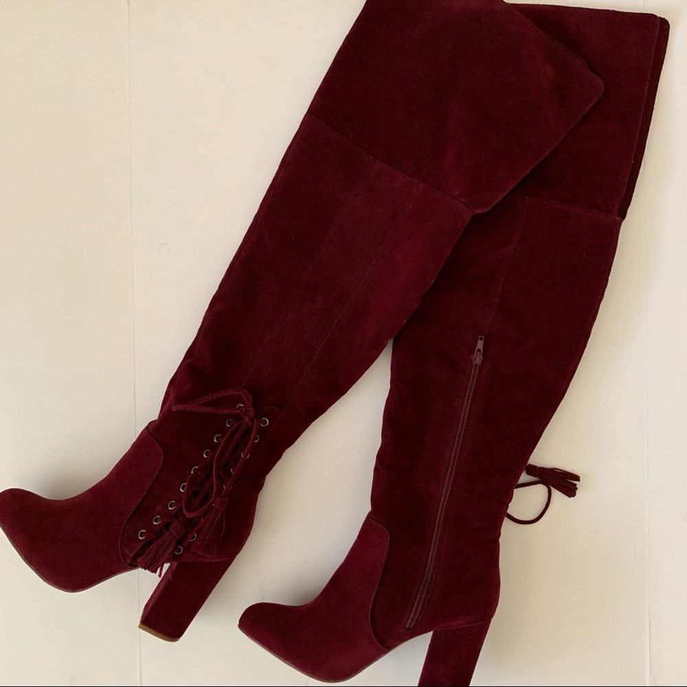 Shoe Dazzle burgundy thigh high wide calf boots